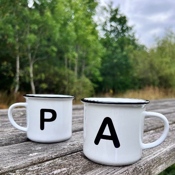 Ceramic Camping Mug With Black Rim 8oz/240ml PERSONALISED WITH INITIAL - Coffeecups.co.uk